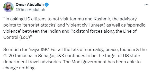 Omar Abdullah reacts to US Travel Advisory on India