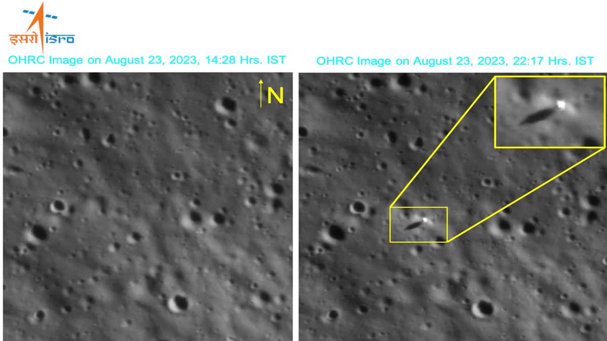 I spy you!  Chandrayaan-2 Orbiter photoshoots. Chandrayaan-3 Lander! Chandrayaan-2's Orbiter High-Resolution Camera (OHRC), -- the camera with the best resolution anyone currently has around the moon -- spots Chandrayaan-3 Lander after the landing on 23/2³/23, the Indian Space Research Organisation wrote sharing the image.