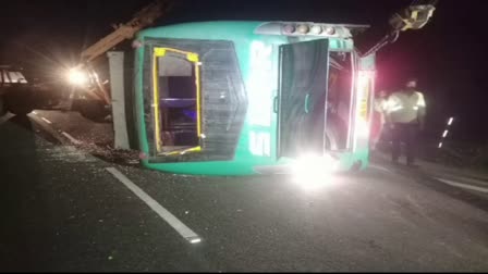 Private Bus overturns In Nalgonda