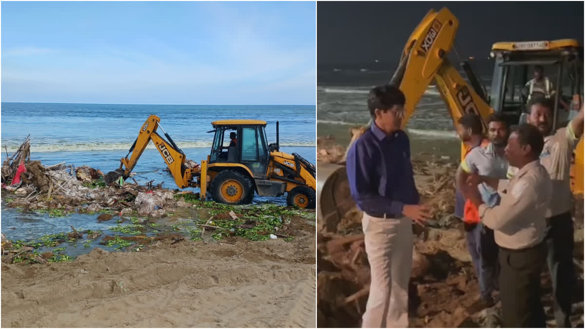 Ganesha idols washed ashore at beach 150 tonnes of material removal still continue in night
