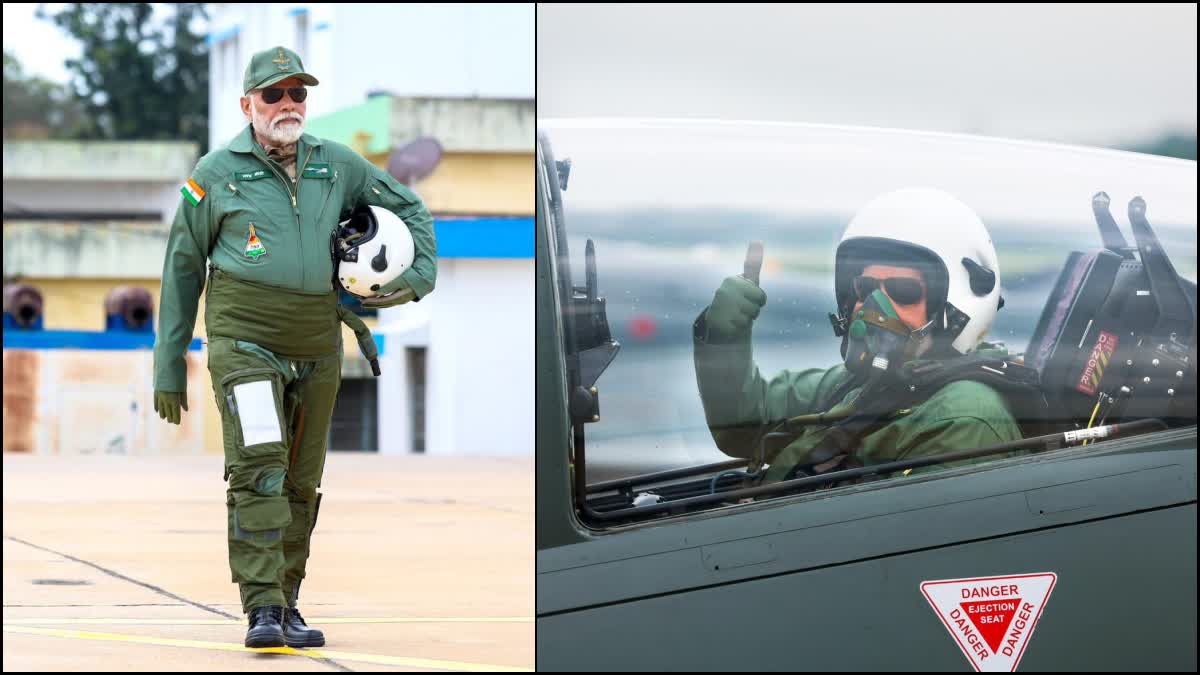 pm modi flown  pm modi flown in a tejas fighter  modi flown in a tejas fighter from bangalore  ತೇಜಸ್ ಯುದ್ಧ ವಿಮಾನದಲ್ಲಿ ಹಾರಾಟ ನಡೆಸಿದ ಪ್ರಧಾನಿ  ಯುದ್ಧ ವಿಮಾನದಲ್ಲಿ ಹಾರಾಟ ನಡೆಸಿದ ಪ್ರಧಾನಿ ಮೋದಿ  ನಾವು ಜಗತ್ತಿನಲ್ಲಿ ಯಾರಿಗಿಂತಲೂ ಕಡಿಮೆ ಇಲ್ಲ  ಬೆಂಗಳೂರಿನ ಎಚ್‌ಎಎಲ್‌ಗೆ ಭೇಟಿ ನೀಡಿದ ಪ್ರಧಾನಿ  ತೇಜಸ್ ಯುದ್ಧ ವಿಮಾನದಲ್ಲಿ ಹಾರಾಟ  ತೇಜಸ್ ಒಂದು ಸ್ವದೇಶಿ ಲಘು ಯುದ್ಧ ವಿಮಾನ  ಬೆಂಗಳೂರಿನ ಹಿಂದೂಸ್ತಾನ್ ಏರೋನಾಟಿಕ್ಸ್ ಲಿಮಿಟೆಡ್‌  ಯುದ್ಧ ವಿಮಾನ ತೇಜಸ್  ರಕ್ಷಣಾ ಉತ್ಪನ್ನಗಳ ಸ್ವದೇಶಿ ಉತ್ಪಾದನೆ  ಭಾರತೀಯ ವಾಯುಪಡೆ