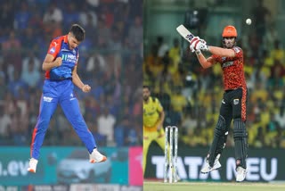 Abdul Samad (R) plays a shot during an IPL 2024 match at MA Chidambaram Stadium in Chennai and Rasikh Salam Dar  celebrates a wicket during an IPL match. Samad and Dar were bought by LSG and RCB in IPL Auction 2025