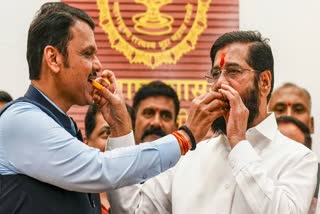 File photo: Maharashtra Chief Minister Eknath Shinde with Deputy Chief Ministers Devendra Fadnavis and Ajit Pawar celebrates the BJP-led Mahayuti alliance's lead amid the counting of votes for the Maharashtra Assembly elections, at CM's official residence 'Varsha' in Mumbai, Saturday, Nov. 23, 2024.