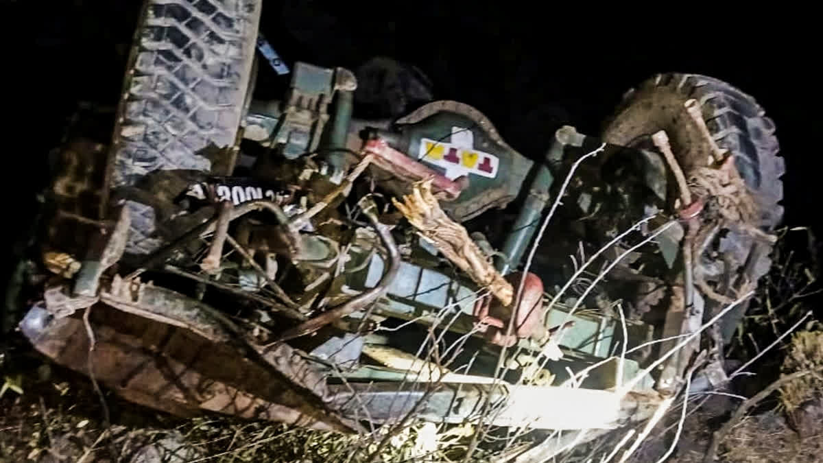 Wreckage of the Army vehicle after it skidded off the road and rolled down into a gorge, in Jammu and Kashmir's Poonch district, Tuesday, Dec. 24, 2024.