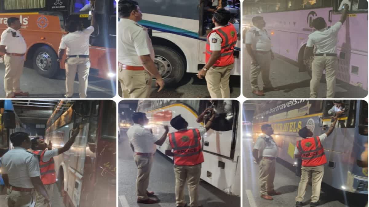 Traffic police Operation  Drunker private bus drivers  ಸಂಚಾರಿ ಪೊಲೀಸರ ಕಾರ್ಯಾಚರಣೆ  ಖಾಸಗಿ ಬಸ್ ಚಾಲಕರು ಪತ್ತೆ