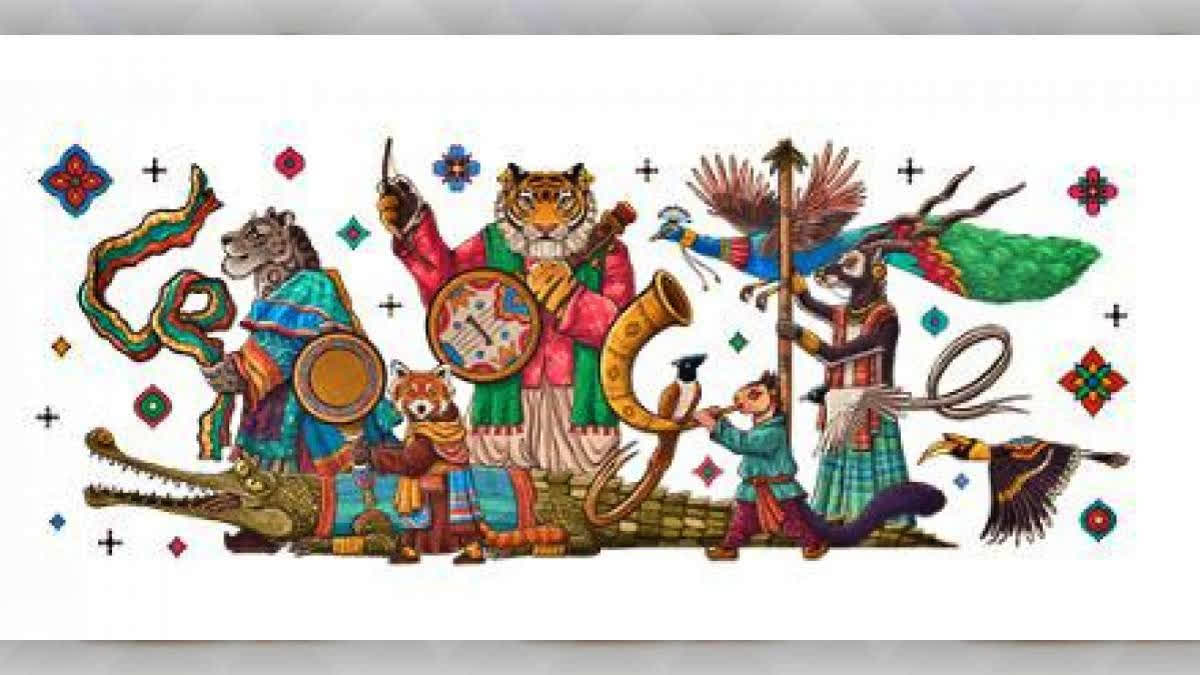 Google marks India's 76th Republic Day with a wildlife-themed doodle by artist Rohan Dahotre, showcasing animals in regional attire celebrating India's diversity and unity.