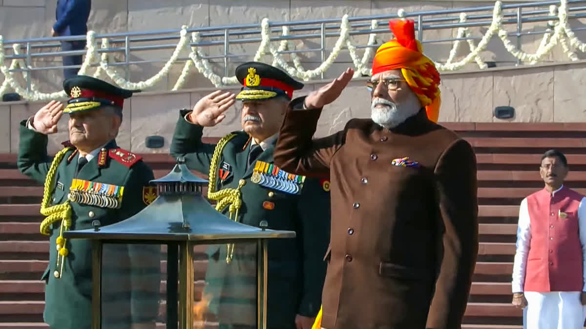 In this screenshot taken from @narendramodi via Youtube Prime Minister Narendra Modi pays homage at the National War Memorial on the occasion of 76th Republic Day, in New Delhi, Sunday, Jan. 26, 2025.