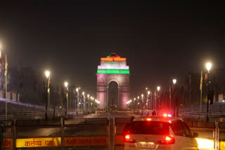 India Gate illuminated with tri-colour lights on the eve of Republic Day, in New Delhi, Saturday, Jan. 25, 2025.