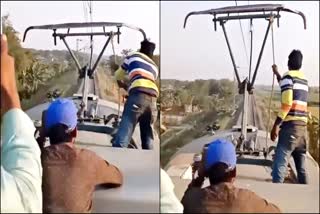 A person stopped the train by tying a rope on the engine rod