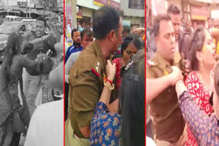 Woman Grabs Mathura Police Inspector's Collar in Uttar Pradesh.