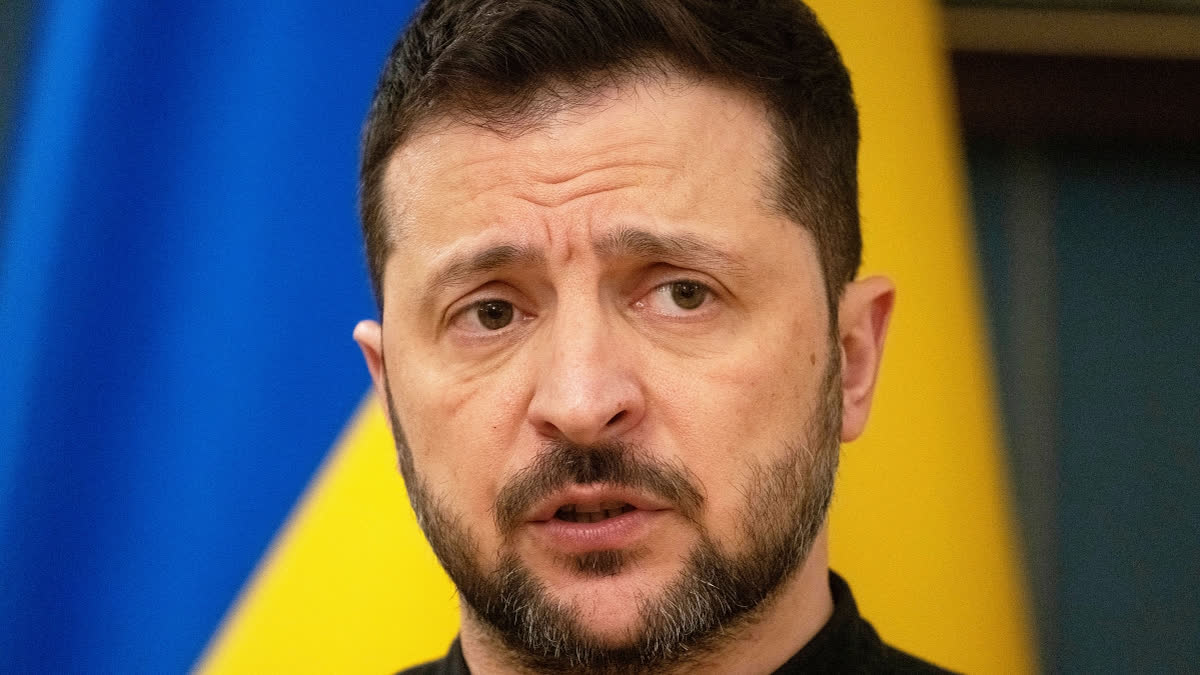 Ukrainian President Volodymyr Zelenskyy speaks during a briefing in Kyiv, Ukraine, Tuesday, March 25, 2025.