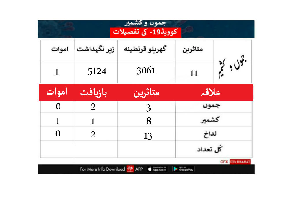 جموں و کشمیر میں 11 معاملات مثبت، 5124 افراد نگرانی میں