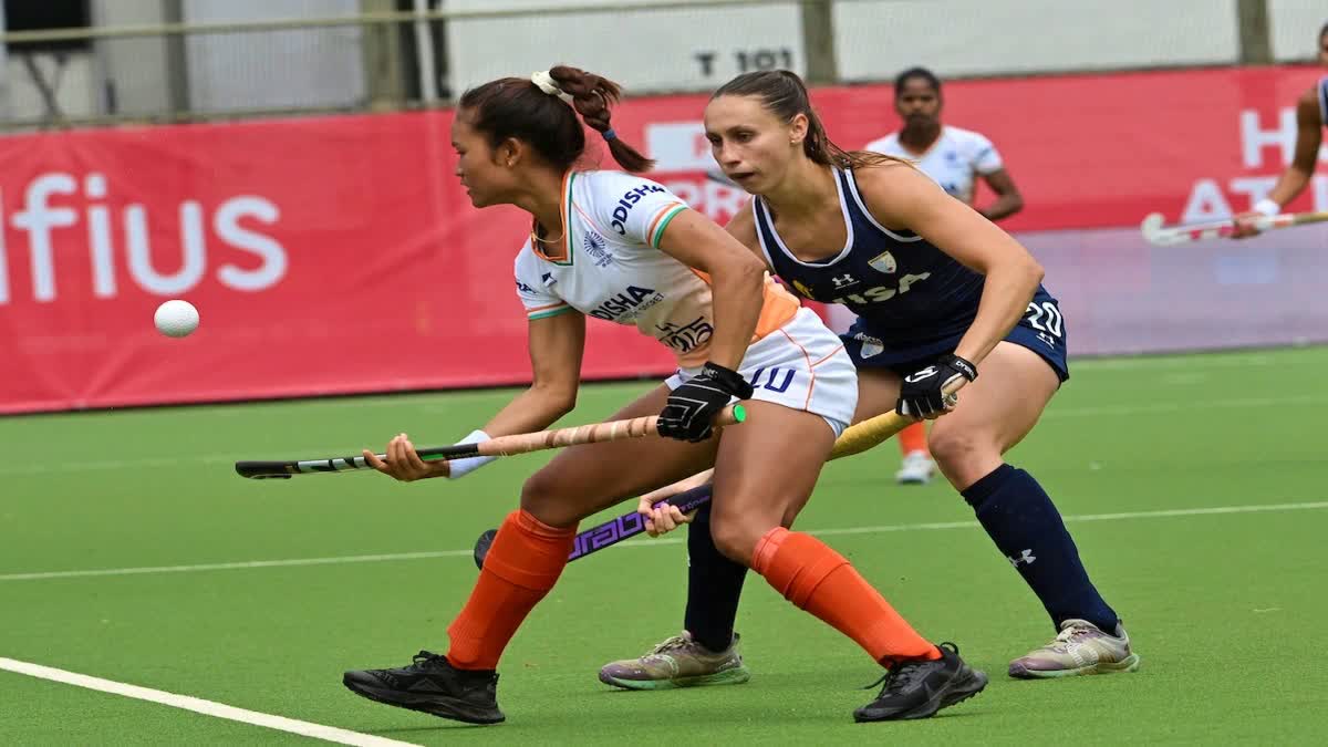 An Indian Women's Hockey team player in action during their FIH Pro League 2023/24 match against Argentina in Antwerp