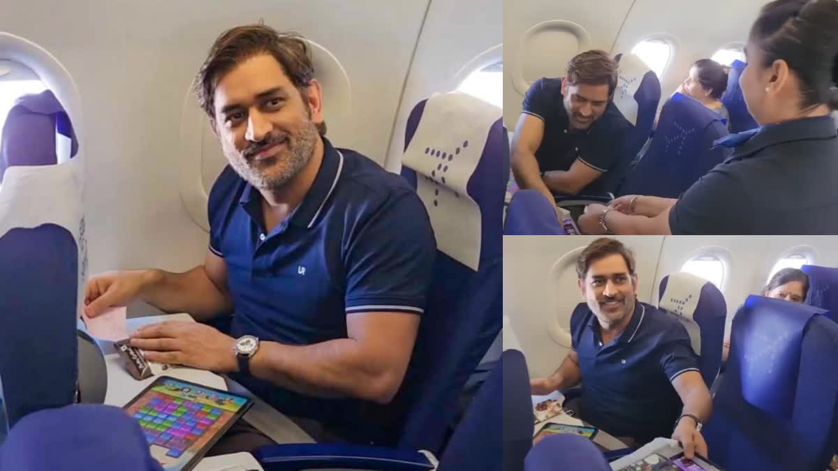 MS Dhoni  Air Hostess Offers Chocolates to MS Dhoni  Chocolates to MS Dhoni Viral Video  MS Dhoni Viral Video  MS dhoni Candy Crush  എംഎസ് ധോണി  എംഎസ് ധോണി വൈറല്‍ വീഡിയോ  എംഎസ് ധോണിക്ക് ചോക്ലേറ്റ് നല്‍കി എയര്‍ ഹോസ്റ്റസ്  എംഎസ് ധോണി കാന്‍ഡി ക്രഷ്