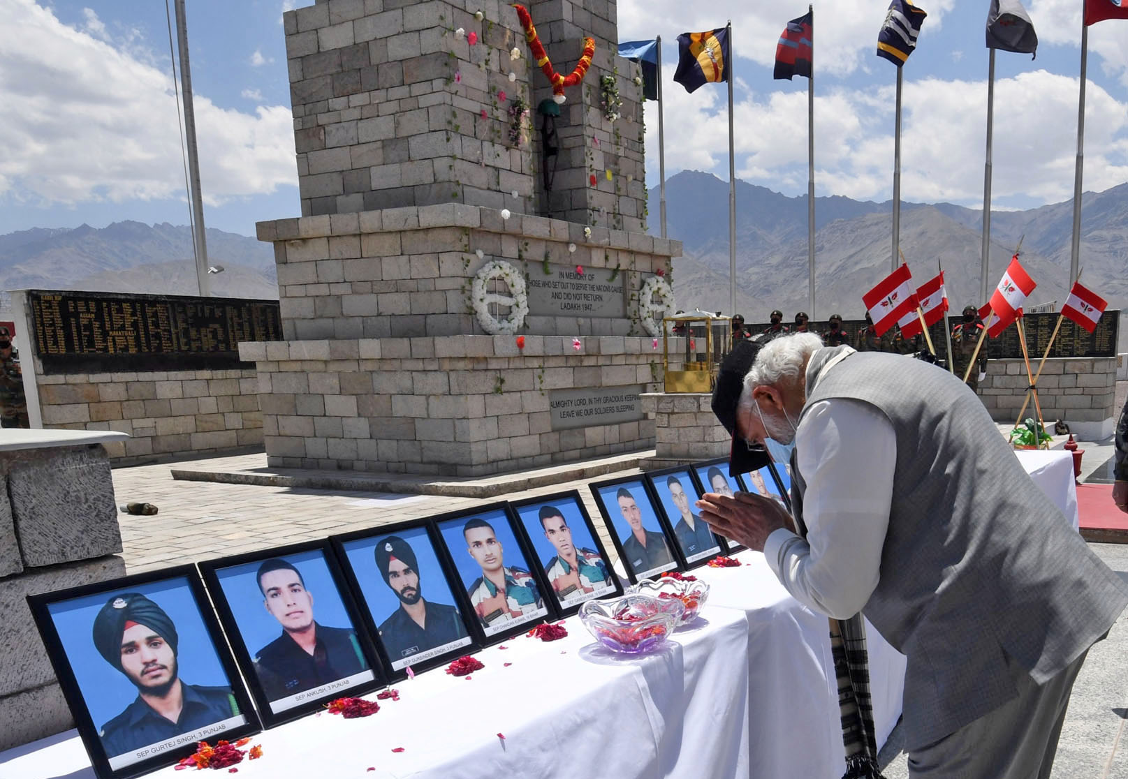 Prime Minister Narendra Modi paying tributes to martyrs who lost their life in Galwan Valley Clash of June 15, 2020 during his visit to Ladakh, at Nimmoo in Leh on July 3, 2020.