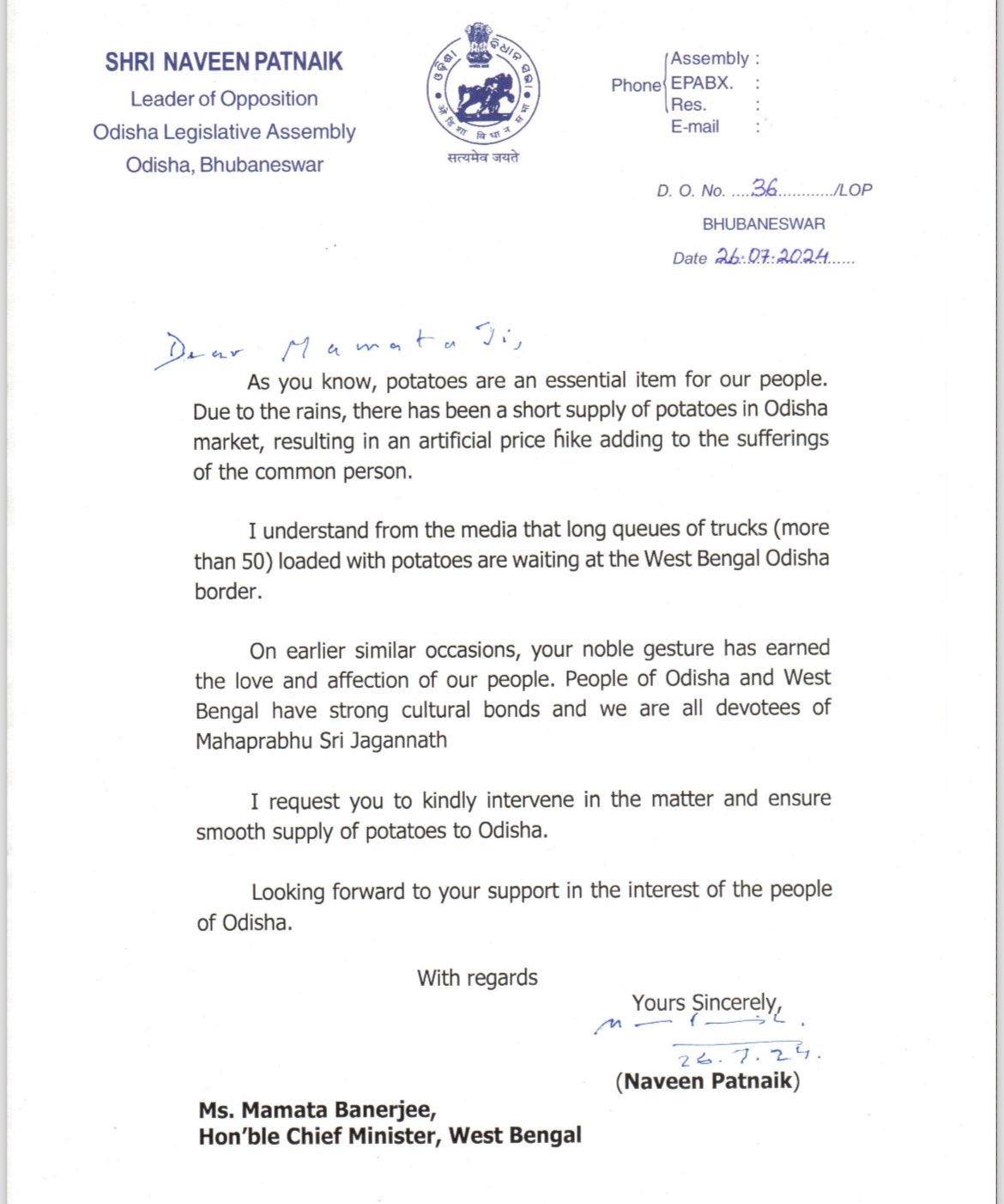 Naveen Patnaik writes letter to West Bengal CM Mamata Banerjee