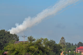 Smoke is pictured in the air from a multi-rocket launcher near the Cambodia-Thailand border in Oddar Meanchey province on July 25, 2025.