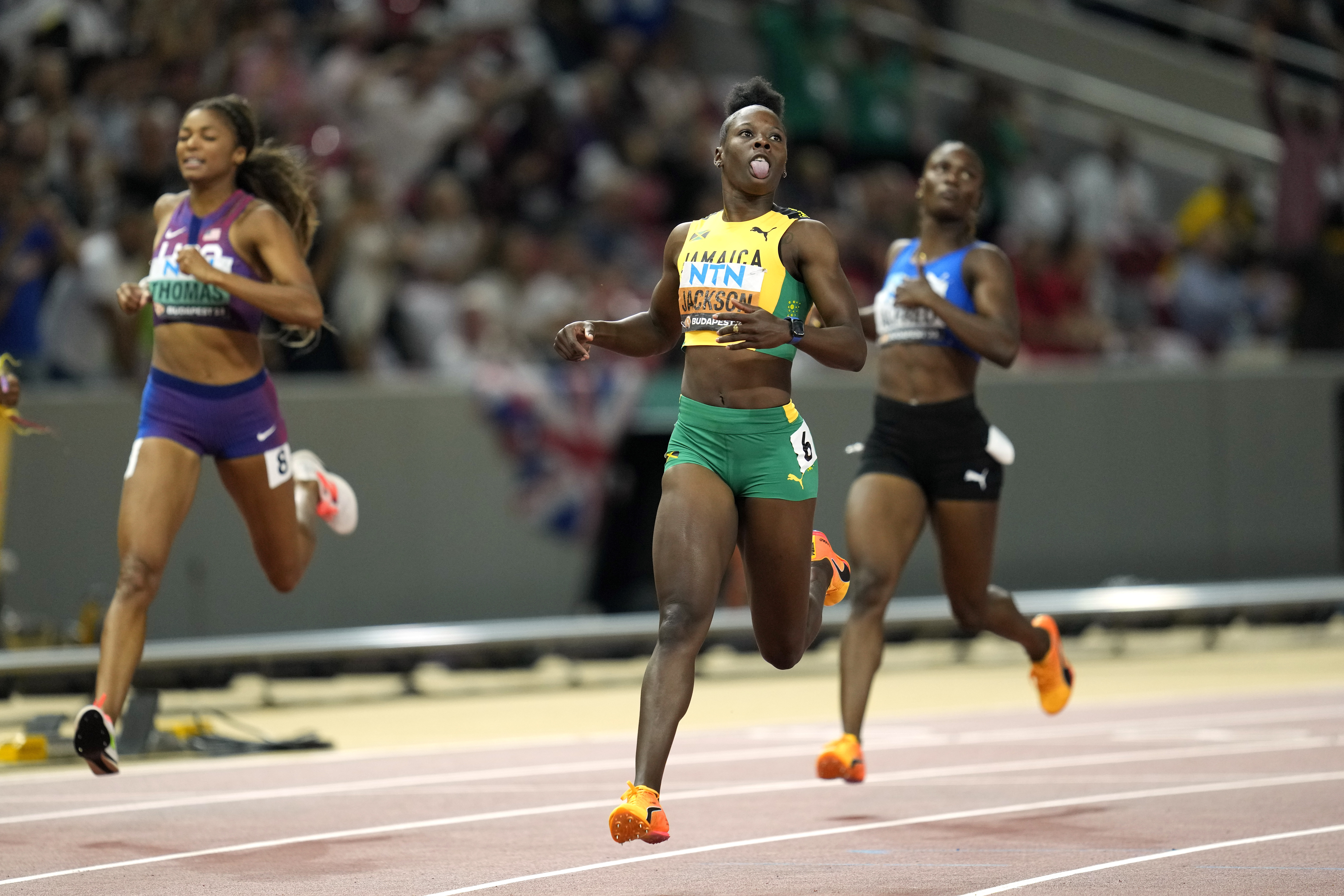 Jamaica’s Shericka Jackson ran the second fastest time in history, a 21.41, to win her second straight title at 200 meters.