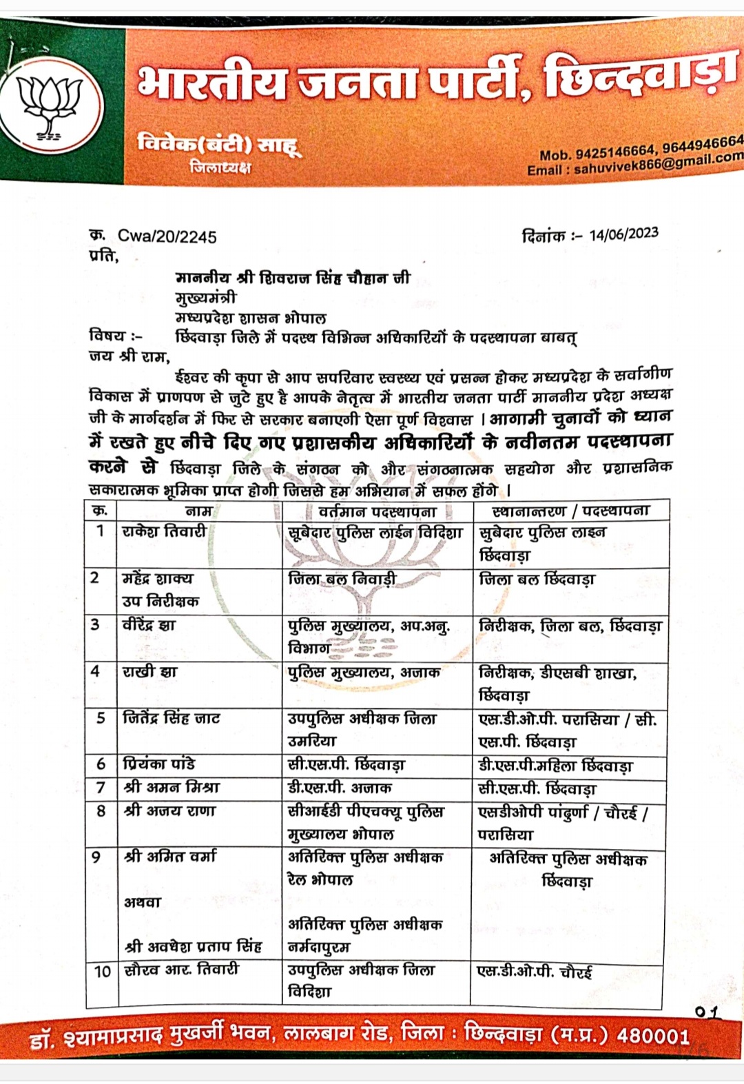 chhindwara bjp district president letter viral