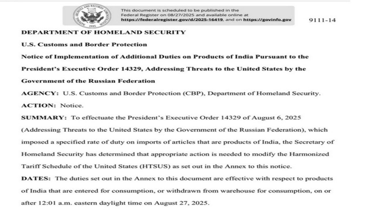 US issues draft notice to impose 50 per cent tariff on Indian products from August 27