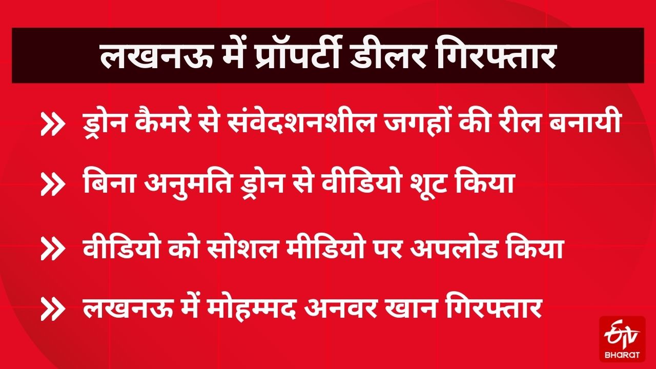 Reel of sensitive place in Lucknow  ड्रोन कैमरे से अति संवेदनशील स्थान की रील बनायी  reel of very sensitive place with drone camera  Crime News UP  लखनऊ मे युवक गिरफ्तार  लखनऊ में संवेदनशील स्थान की रील  गोल्फ सिटी थाना प्रभारी अतुल कुमार श्रीवास्तव