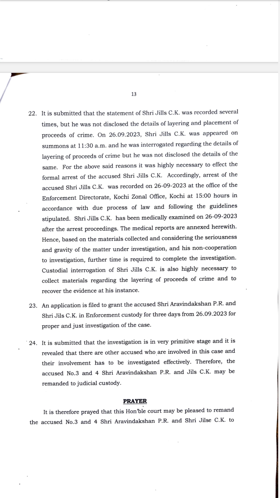 Karuvannur Bank Scam Accused Remand  Karuvannur Bank Scam ED Remand Report  Karuvannur Bank Scam and CPM  CPM Leaders Facing ED Investigation  Karuvannur Bank Scam and AC Moideen  കരുവന്നൂർ ബാങ്ക് തട്ടിപ്പിലെ അറസ്‌റ്റുകള്‍  അരവിന്ദാക്ഷനും ജിൽസും റിമാന്‍ഡില്‍  കരുവന്നൂർ ബാങ്ക് തട്ടിപ്പില്‍ ഇഡി കണ്ടെത്തല്‍  പി ആർ അരവിന്ദാക്ഷനും എസി മൊയ്‌തീനും തമ്മിലെന്ത്  പ്രതികളെ കസ്‌റ്റഡിയില്‍ ആവശ്യപ്പെട്ട് ഇഡി