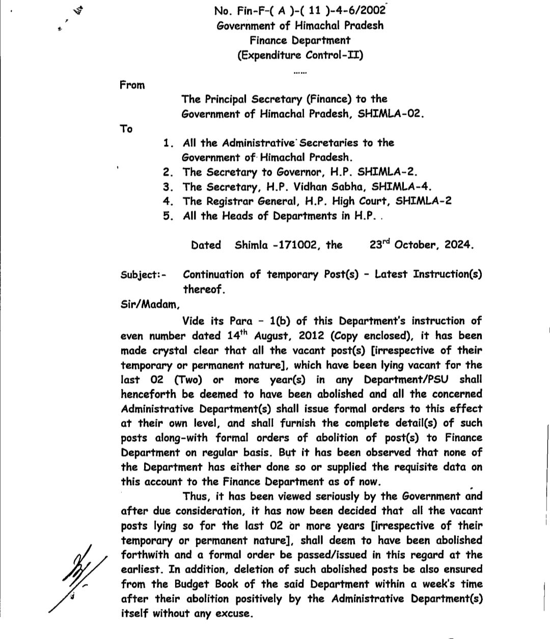 Himachal Pradesh Finance Department notification over abolishing vacant posts