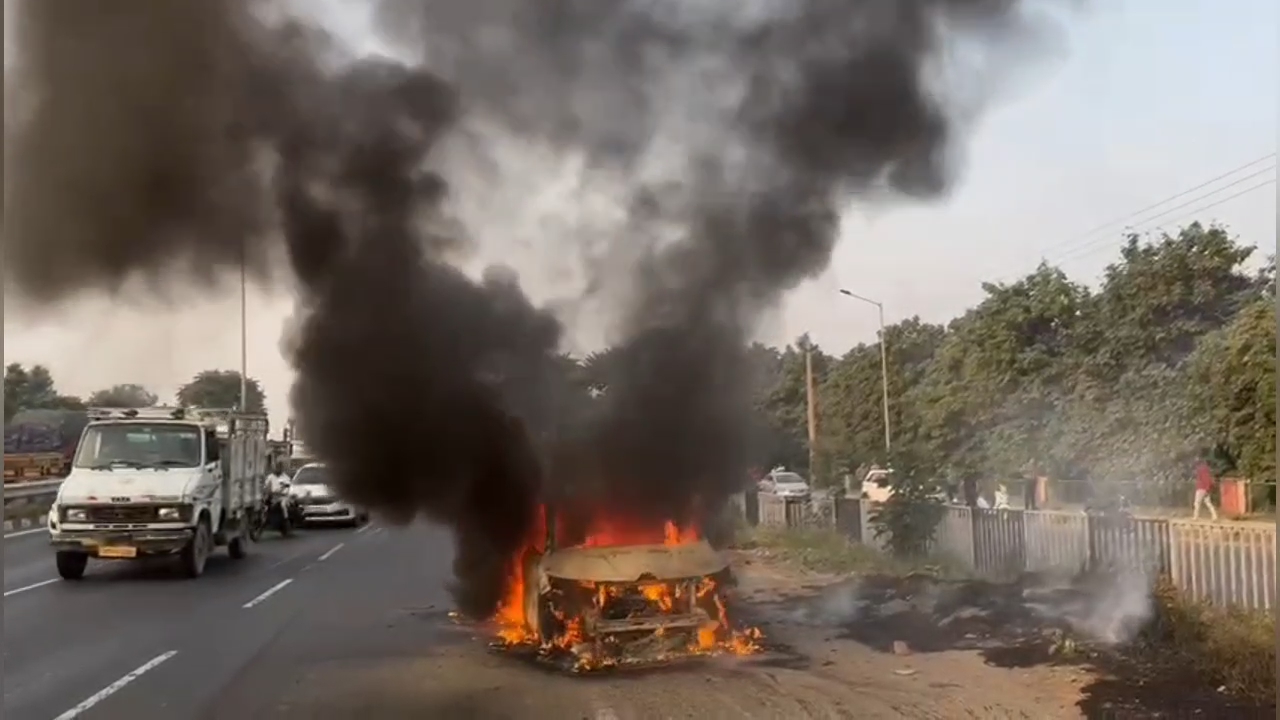 Car becomes ball of fire on Haryana Kurukshetra Highway in Karnal