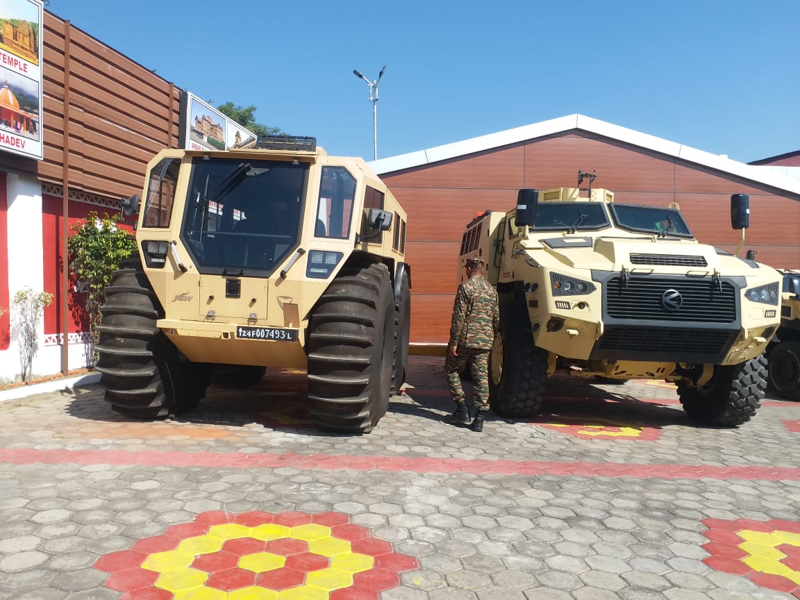 Military weapon and equipment display showcasing a new range of sophisticated artillery, state of the art armoured vehicles and robotic mules