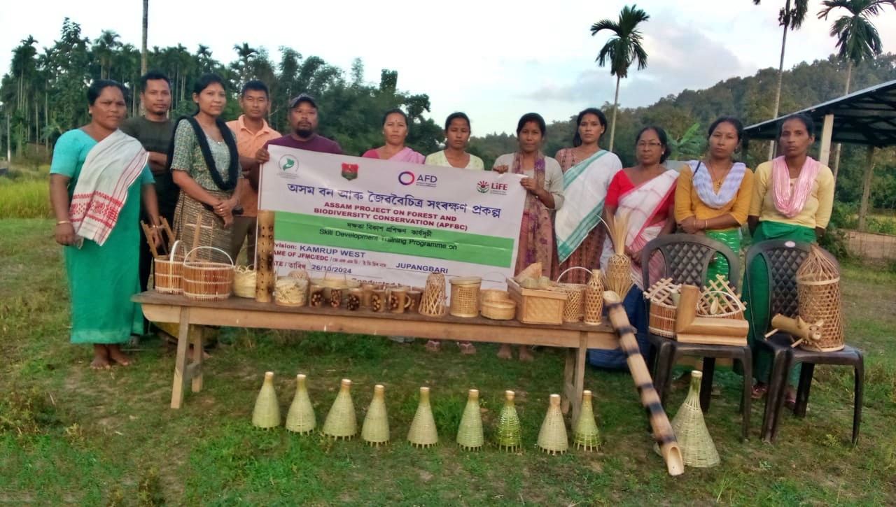 Women making decorative items from bamboo