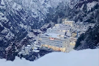 A view of a snow-clad Mata Vaishno Devi Shrine as it receives a fresh snowfall, in Jammu