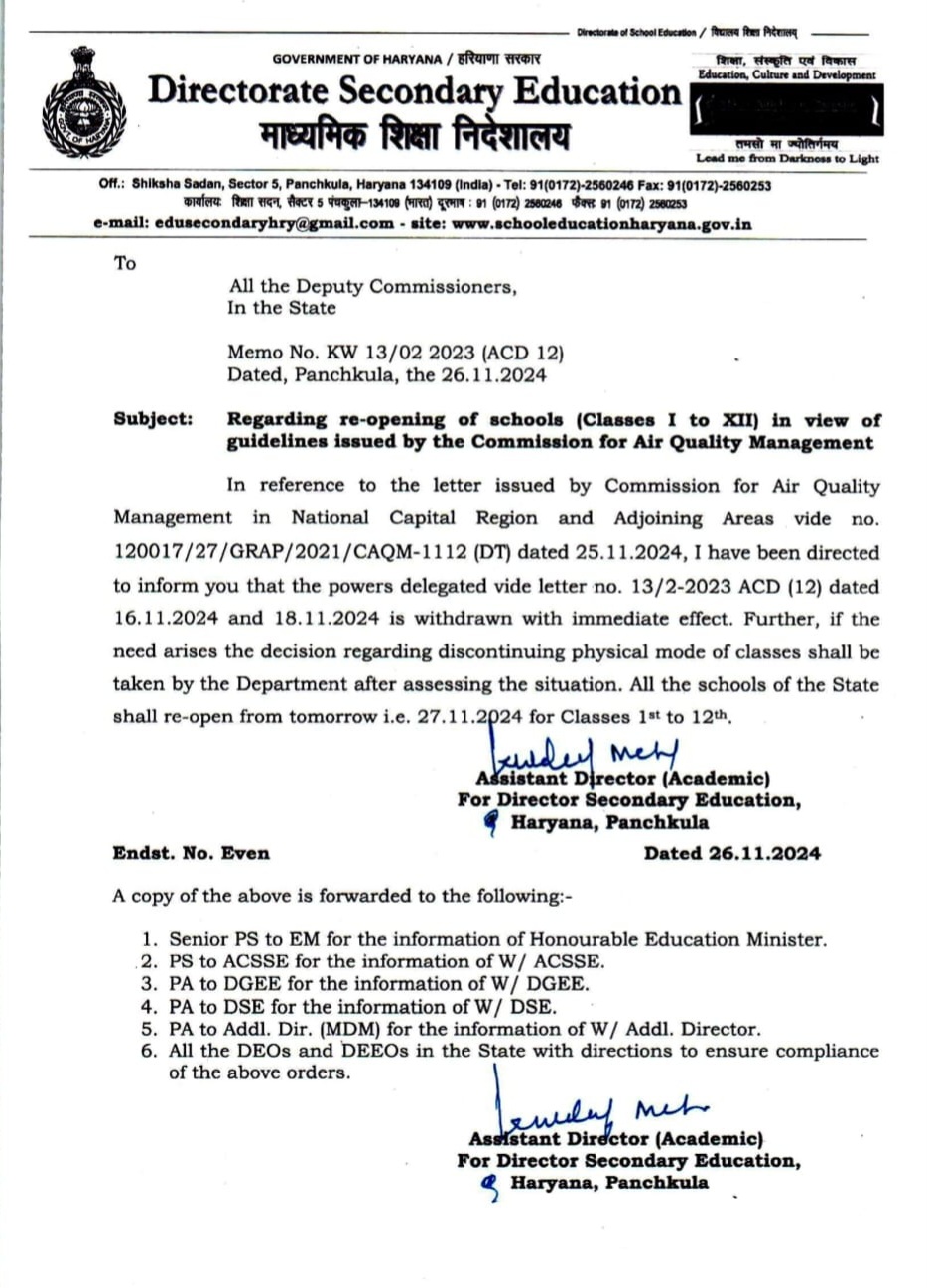 All schools will open in Haryana from Wednesday morning School Education Department orders issued