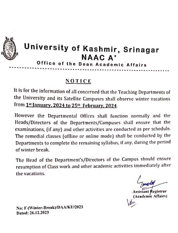 kashmir-university-announces-winter-vacation-for-main-campus-and-satellite-campus