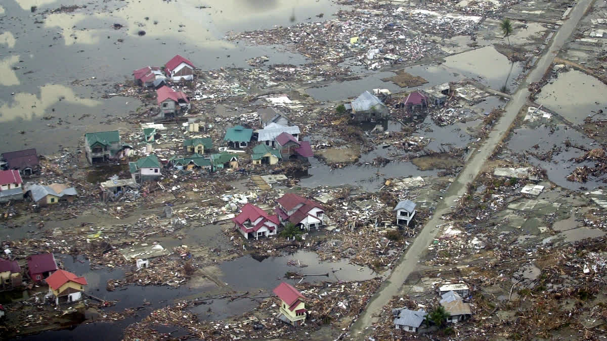 Destroyed houses are seen in this aerial view of the town of Meulaboh in Aceh province, Indonesia, which was flattened by tidal waves, on Saturday, Jan. 1, 2005.