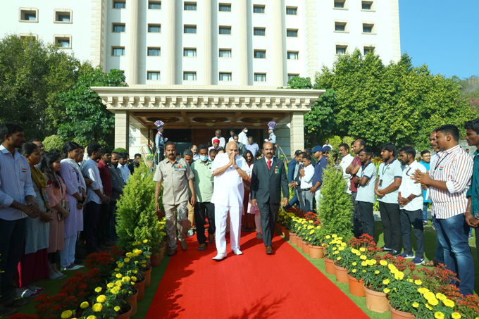 Chairman of Ramoji Group Ramoji Rao greeted people