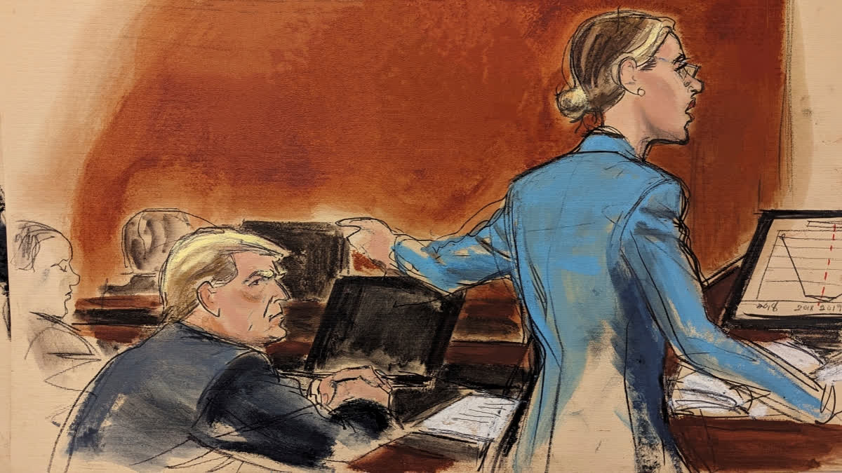 In this courtroom sketch, attorney Alina Habba points to her client, former President Donald Trump, as she delivers her closing arguments to the jury, Friday, Jan. 26, 2024, in New York. A jury has begun deliberating in the defamation trial against Trump, deciding if he owes writer E. Jean Carroll money after a jury last year concluded that he sexually abused her in 1996.