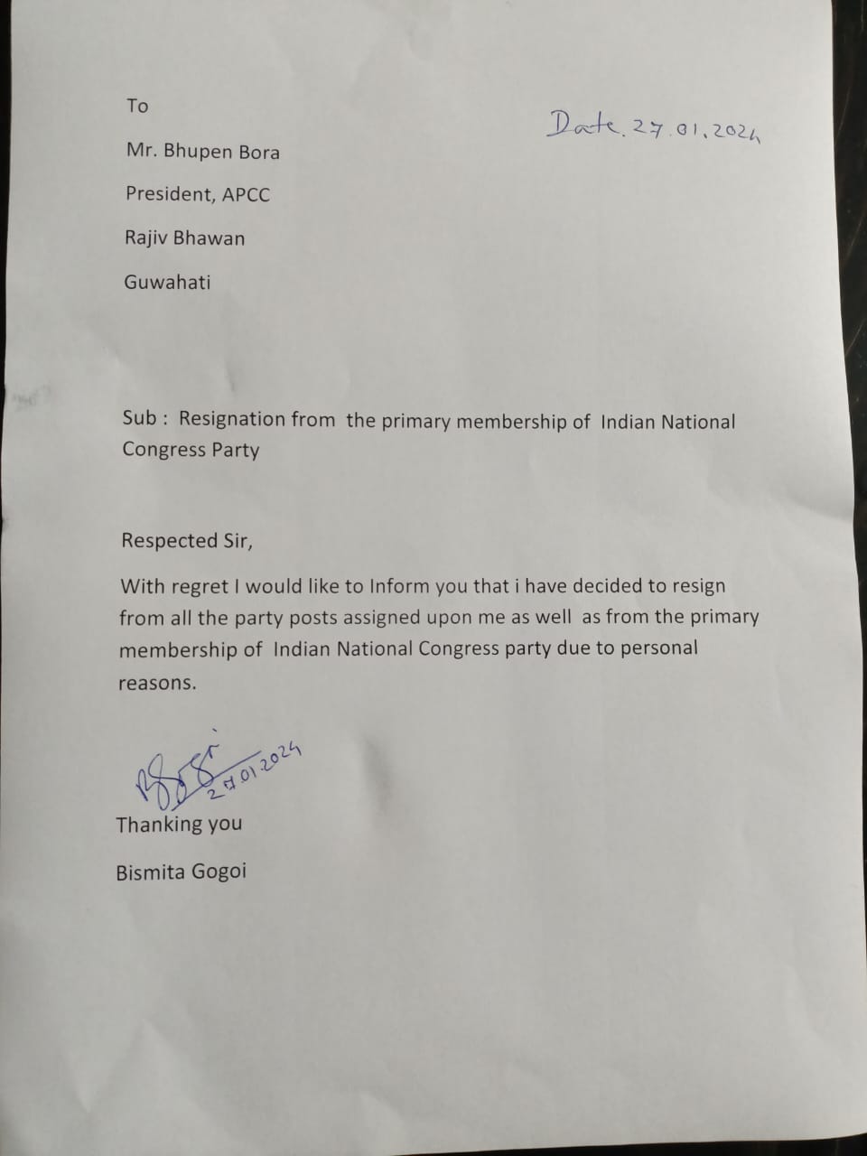 Bismita Gogoi resigned from Congress