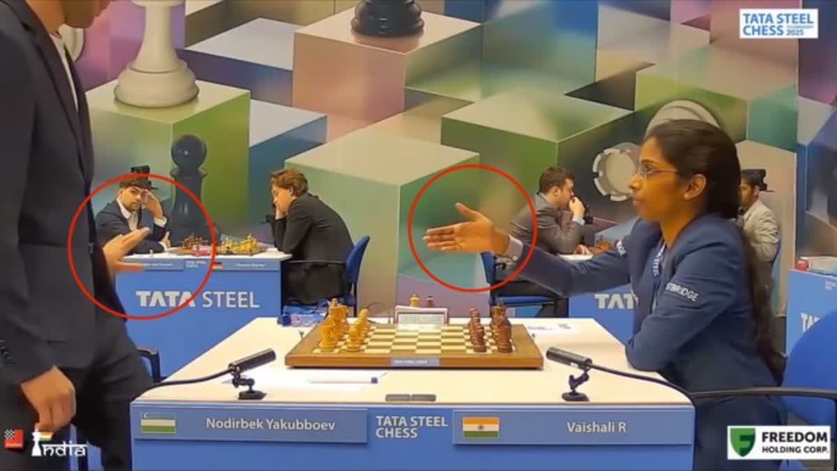 GM NODIRBEK YAKUBBOEV HANDSHAKE  VAISHALI YAKUBBOEV HANDSHAKE ROW  YAKUBBOEV VAISHALI COMPETITION  നോദിര്‍ബെക് യാക്കൂബോവ് വൈശാലി