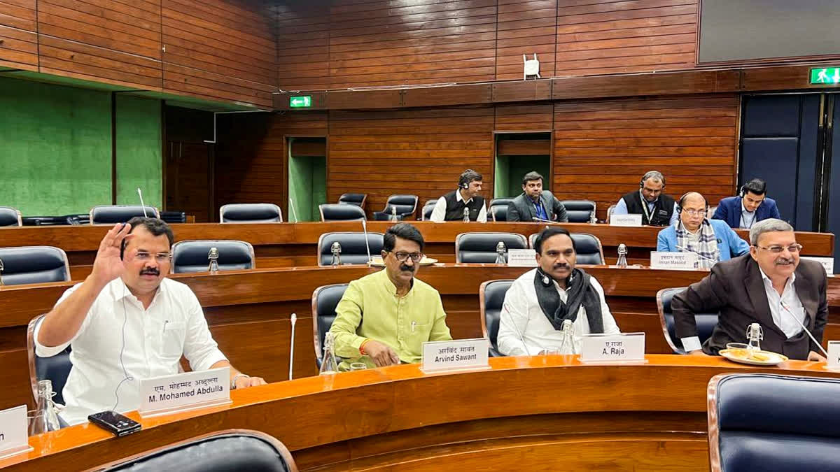 In this image released by @dmk_raja via X on Monday, Jan. 27, 2025, TMC's Kalyan Banerjee, DMK's A Raja, Shiv Sena UBT's Arvind Sawant, and DMK's Mohamed Abdulla during a meeting of the Joint Parliamentary Committee on the Waqf (Amendment) Bill, in New Delhi.