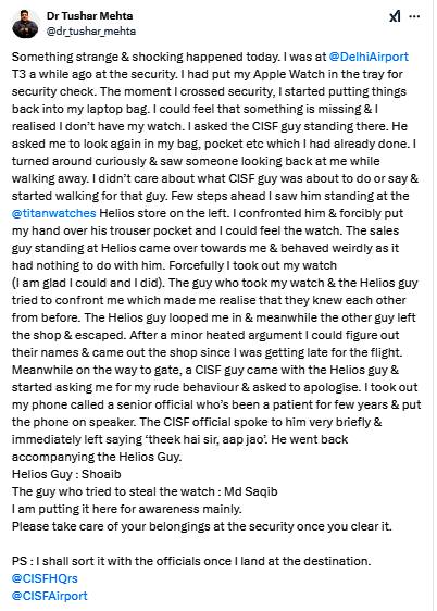 CISF rejects doctor's allegations of Apple watch theft at Delhi Airport, confirming CCTV shows no theft and smooth boarding.