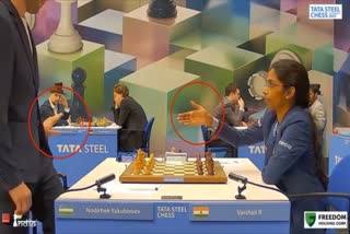 GM NODIRBEK YAKUBBOEV HANDSHAKE  VAISHALI YAKUBBOEV HANDSHAKE ROW  YAKUBBOEV VAISHALI COMPETITION  നോദിര്‍ബെക് യാക്കൂബോവ് വൈശാലി