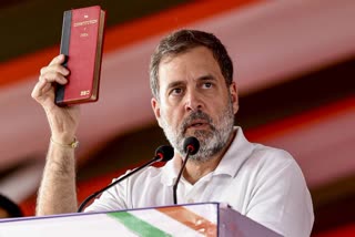 Rahul Gandhi addresses a gathering during the 'Jai Bapu, Jai Bhim, Jai Samvidhan' rally, in Mhow on Monday.