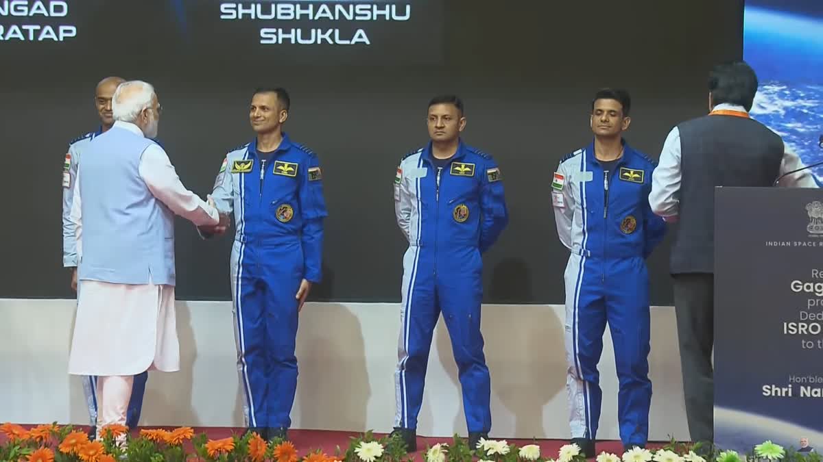 Prime Minsiter Narendra Modi, Tuesday, handed over the 'Astronaut Wings' to four pilots chosen for Gaganyaan mission who made their first public mission since the announcement of the project, here at the Vikram Sarabhai Space Centre (VSSC) at Thumba near here.