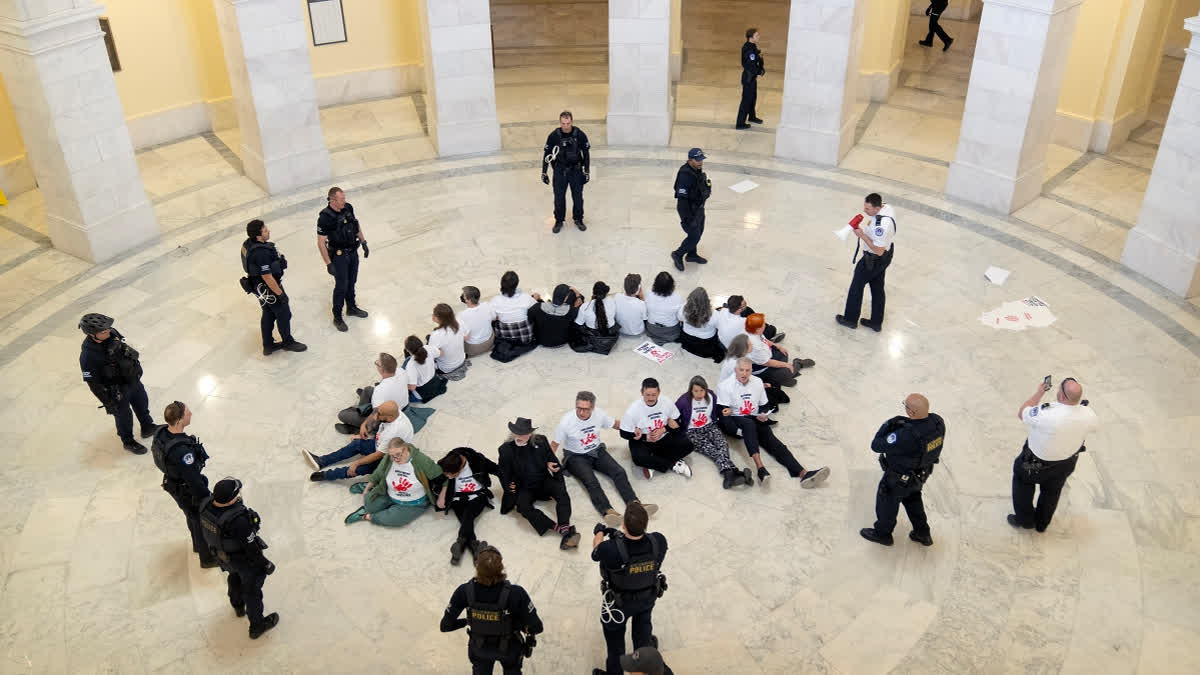 U.S. Capitol Police surround demonstrators as they protest against cuts to American foreign aid spending, including USAID and the PEPFAR program to combat HIV/AIDS, at the Cannon House Office Building on Capitol Hill, Wednesday, Feb. 26, 2025, in Washington.