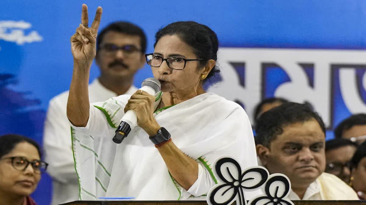 TMC Supremo Mamata Banerjee addressing party workers in Kolkata on Thursday.