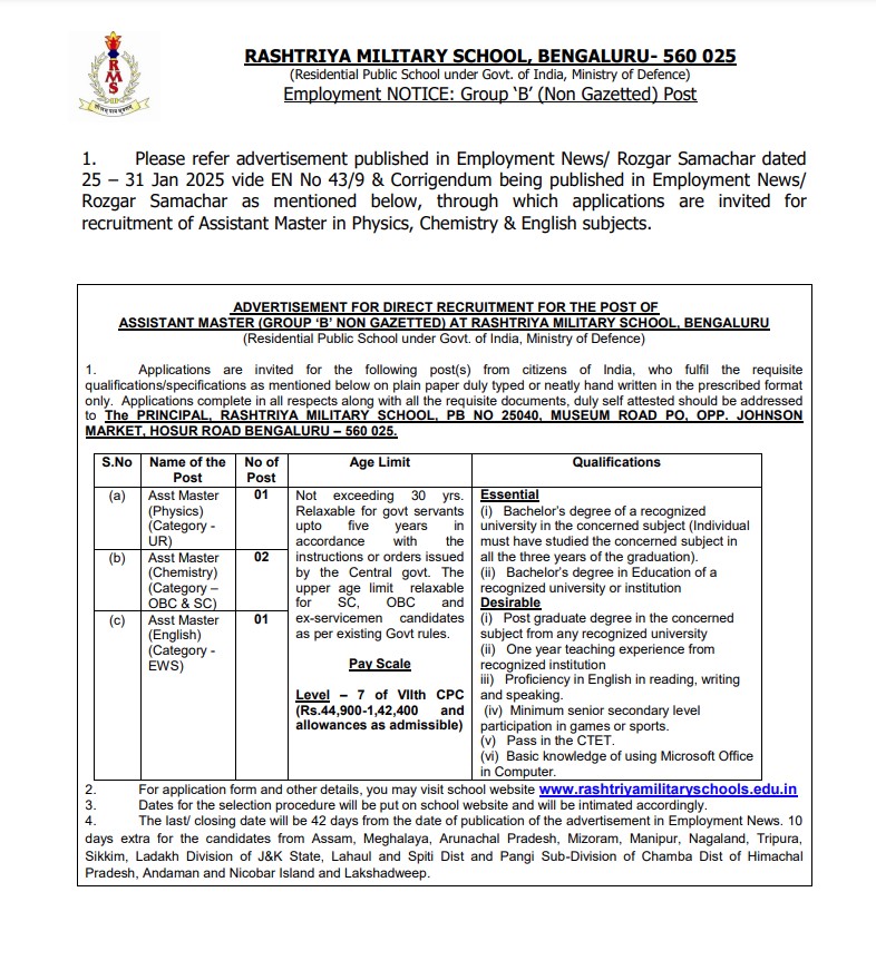 Teachers Job Recruitment in Rashtriya Military School Bengaluru