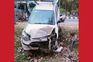 The mangled remains of the car which collided with two other vehicles in Uttarakhand