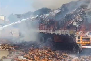 Fire broke out in a truck loaded with coconuts in bhilwara,