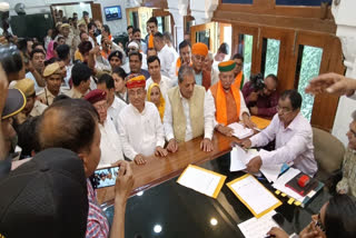 BJP candidate Arjunram Meghwal and Congress candidate Govind Meghwal filing nomination together in Bikaner.