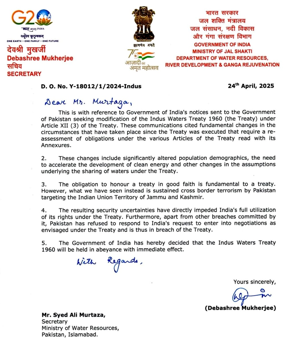 Debashree Mukherjee (Secretary, Ministry of Jal Shakti, Govt of India) has sent a letter to Syed Ali Murtaza (Secretary, Ministry of Water Resources, Pakistan)
